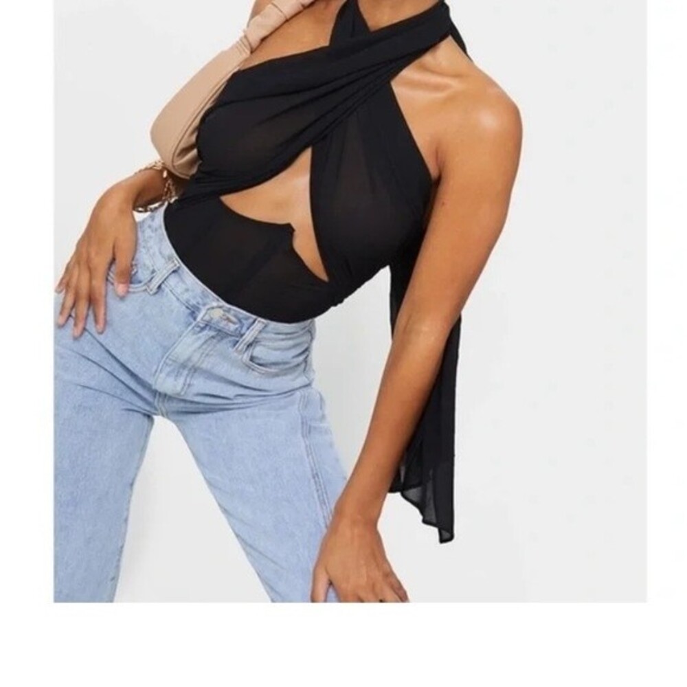 NWT Pretty Little Thing Goth Chiffon Halterneck Underbust Corset Bodysuit 2